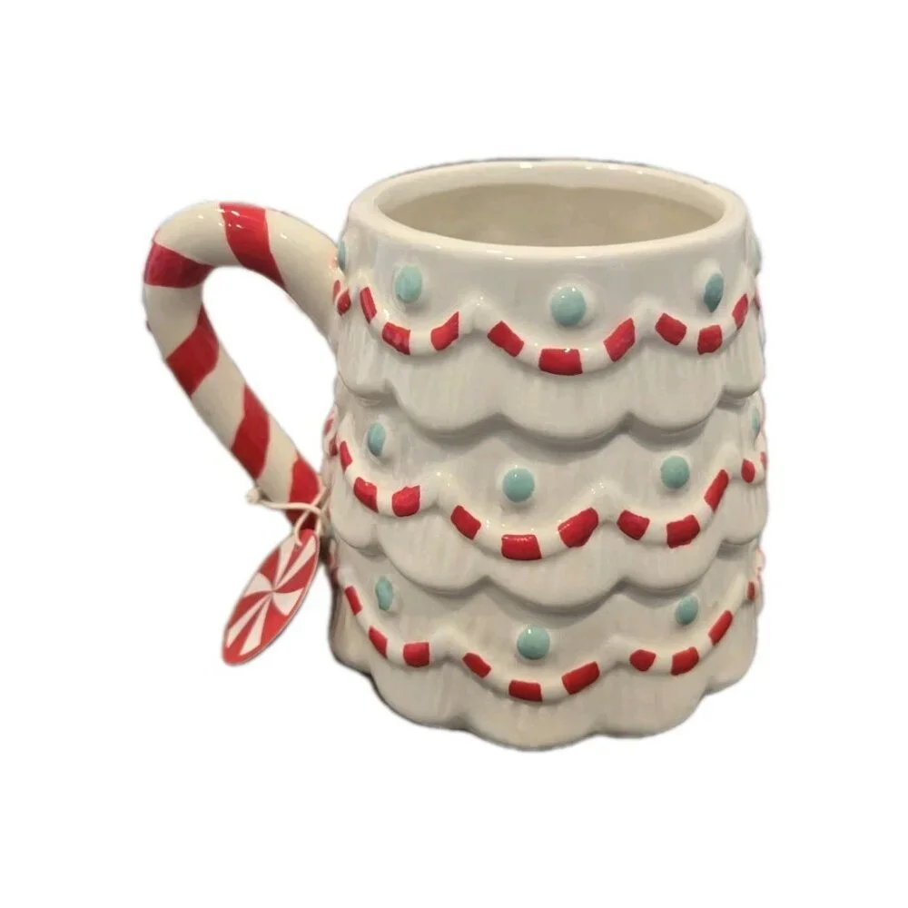 New Red & White Candy Cane Handle Decorated Christmas Tree Coffee Tea Mug Gift